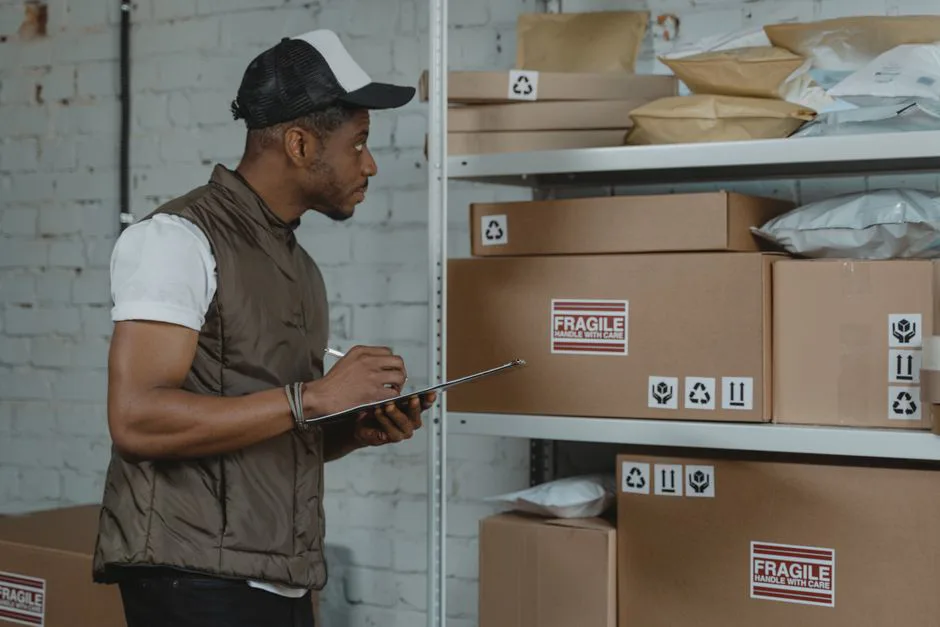 Warehouse worker inspecting a returned package in Mexico