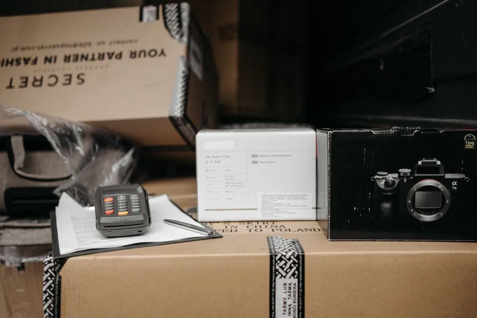 Caja de cartón con etiqueta de devolución en una mesa de almacén, junto a un monitor con gráficos de inventario