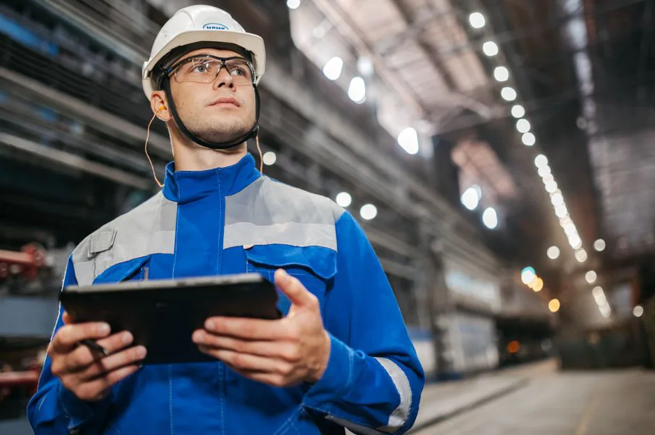 Warehouse worker inspecting returned packages with a digital tablet in Mexico